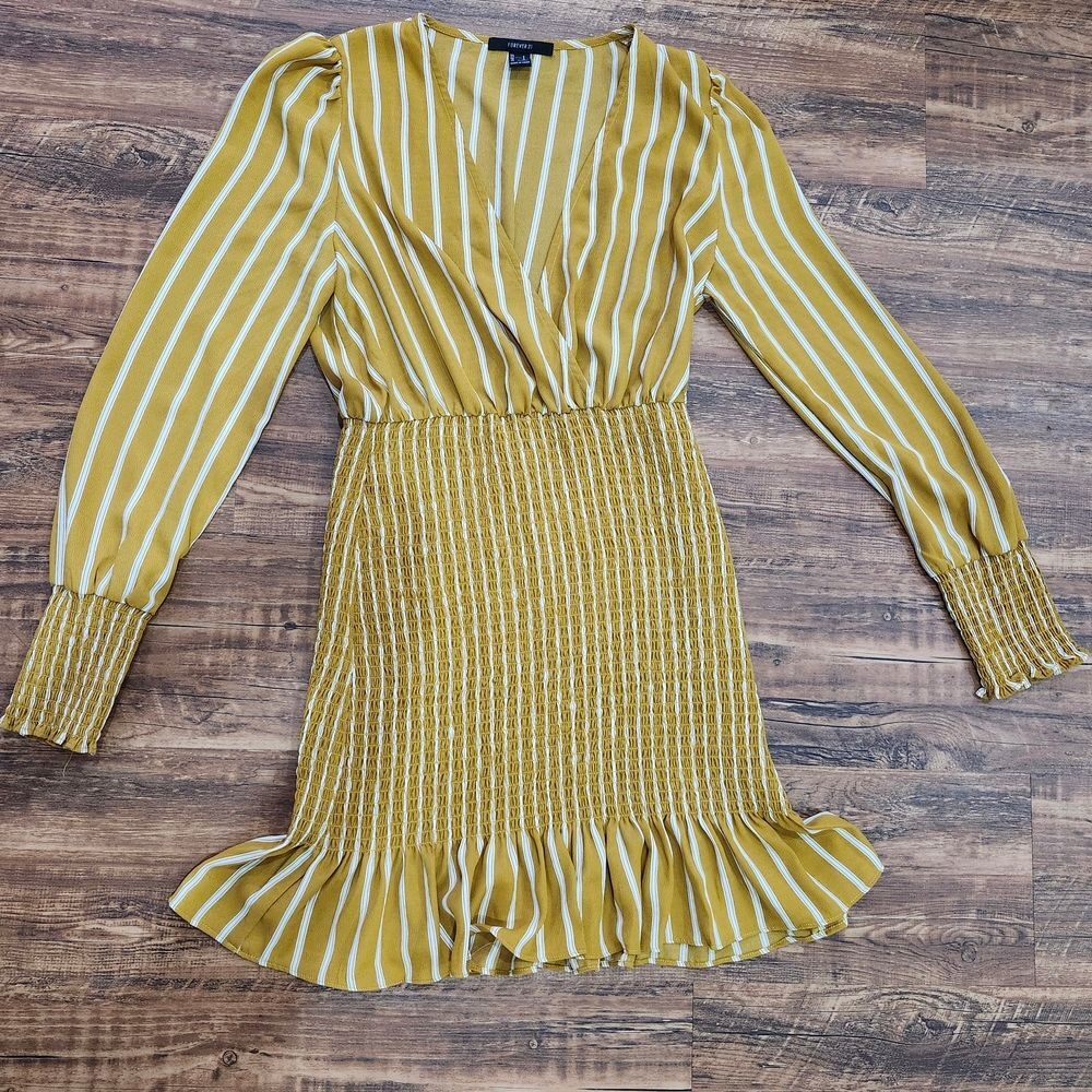 Forever 21 Mustard and White Striped Long Sleeve Dress - Picture 2 of 11